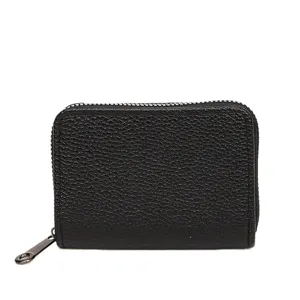 Cartera tarjetero de cuero negro con cremallera, organizador compacto de tarjetas de crédito.