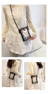 Detail view of women korean style cute crossbody phone bag with anime print and strap.