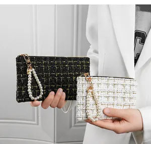 Small tweed zipper coin purse card holder with pearl wrist strap, elegant ladies wallet.