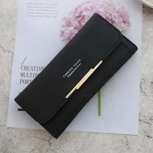 Women Long Wallet Elegant PVC Leather Stitching Fold Over Clutch Purse Large Capacity Card Slots Handy Money Organizer Wristlet