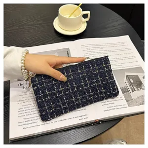 Women chic tweed woven zip clutch wallet elegant card holder portable mini coin purse