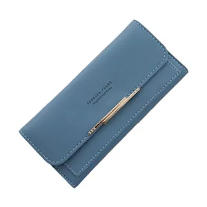 Women's long blue faux leather folding clutch wallet with card slots and metal bar decor main