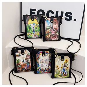 Cute women's crossbody phone bag black PU leather small shoulder bag with artistic print.