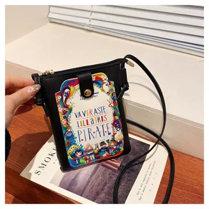 Cute crossbody phone bag for women with stylish cartoon print, casual shoulder bag detail view.