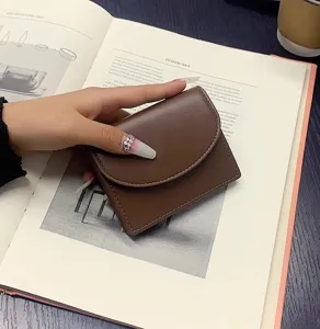 Brown PU leather short wallet detail, minimalist card holder coin purse with flap close.