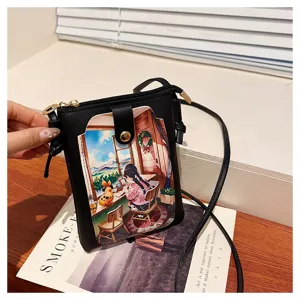 Black PU leather crossbody phone bag with cute anime illustration pocket, chic and practical.