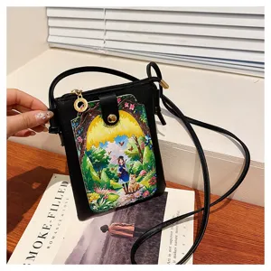 Black crossbody phone bag for women cute small shoulder messenger bag with cute illustration flap