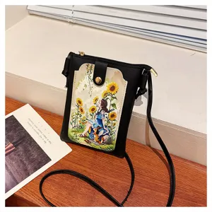 Women cross-body phone bag black leather sunflower illustration small shoulder bag with zipper