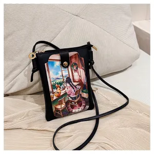 Women small crossbody phone bag cute anime illustration black PU leather shoulder bag daily use.