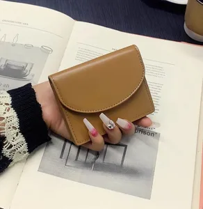 Minimalist solid color PU leather short wallet card holder for women daily use brown