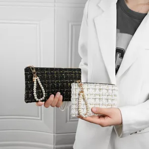 Elegant tweed coin purse with pearl strap, chic small clutch wallet for women, stylish card bag.