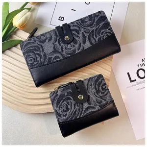 Detail shot of women denim rose pattern wallet set, showing fine fabric texture and snap closure.
