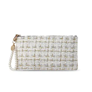 Elegant white tweed clutch wallet with pearl wrist strap, chic zipper coin purse for women.