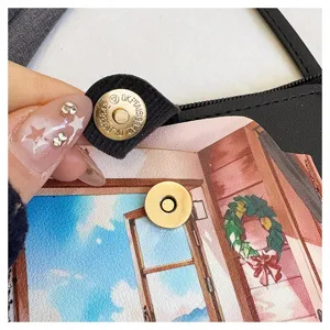 Cute anime scenery print crossbody phone bag detail showing metal magnetic snap closure design.