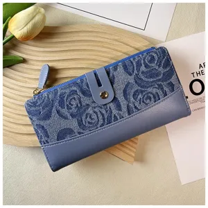 Blue denim rose pattern long wallet with snap button and zipper closure for women daily use