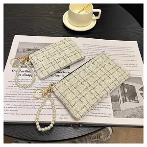 Women chic tweed woven coin purse short zipper card holder with elegant pearl wrist strap