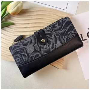 Denim rose pattern long wallet for women, stylish card slots zip button coin purse detail view
