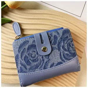 Women denim pattern short wallet coin purse with zipper and snap card holder blue floral