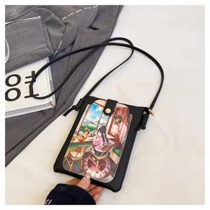 Women cute black crossbody phone bag with sweet anime illustration flap and long shoulder strap.