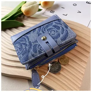 Women short denim pattern wallet with card slots zip coin pocket and snap closure