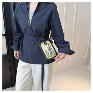 Stylish women crossbody phone bag with cute sunflower art print, casual daily shoulder bag.