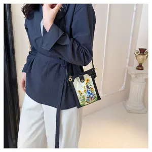 Stylish black crossbody phone bag for women with cute sunflower girl illustration design.
