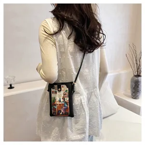 Crossbody phone bag for women, cute illustration design, minimalist style daily shoulder bag.