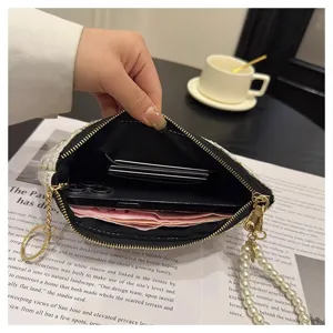 Tweed woven coin purse with pearl strap, compact clutch bag for cards, phone and cash.