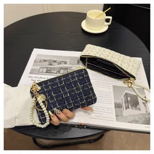 Women chic tweed short wallet clutch with pearl wrist strap and zipper coin purse card holder.