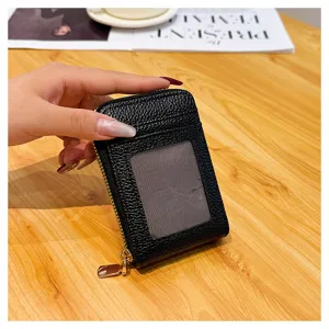 Minimalistischer schwarzer PU-Leder Kartenhalter Detailansicht, kompaktes Reißverschluss-Etui.