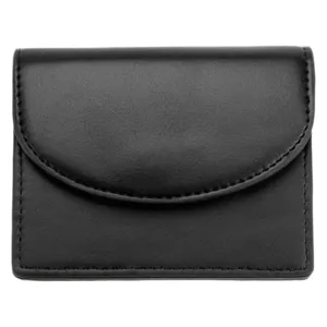 Minimalist black PU leather cardholder with curved flap, perfect for portable daily use.