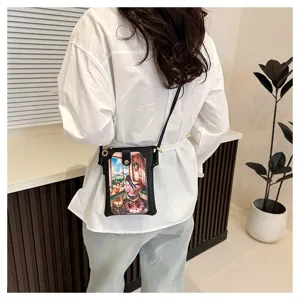 Women crossbody phone bag stylish small shoulder bag cute anime print black PU leather