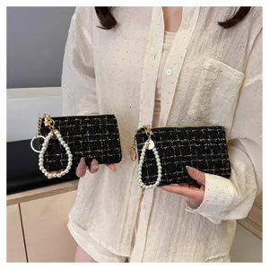 Women tweed zipper coin purse with pearl wrist strap black woven mini clutch bag wallet