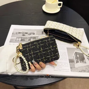 Elegant Women Polyester Tweed Coin Purse Striped Braided Short Long Wallet Card Holder Clutch Bag Daily Storage Pouch
