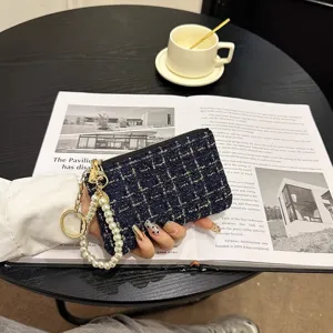 Women short tweed coin purse chic card holder with pearl wrist strap and key ring zipper pouch