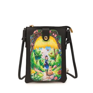 Women PU leather crossbody cell phone bag small shoulder bag with cute forest print