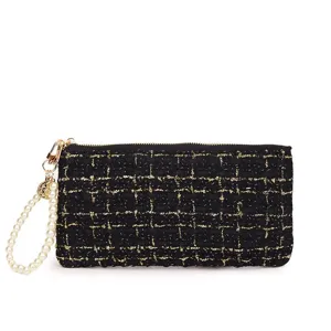 Black tweed coin purse with pearl wrist strap, stylish mini clutch wallet for cards and keys.