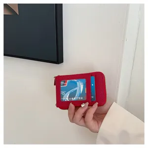 Rotes PU Leder vertikales Kartenetui Portemonnaie, minimalistische Reißverschlussgeldbörse.