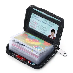 Étui à cartes zippé en cuir PU noir avec plusieurs fentes et grande capacité pratique.