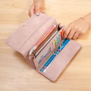 Pink long wallet for women, stylish multi-card slot design with zipper pocket and cash compartment.