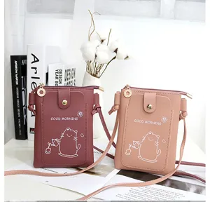 Cute mini PU leather crossbody phone bag for women with cat print and zipper pocket design.