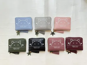 Cute cat print short women wallet with zipper coin purse tassel pendant multi color options