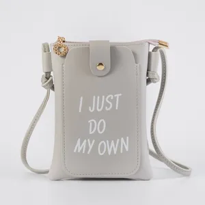 Stylish grey crossbody phone bag for women, minimalist PU leather small shoulder bag.