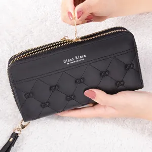 Portafoglio lungo da donna con doppia cerniera elegante pochette nera con cinturino da polso