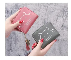 Cute cat print short women wallet with zipper coin pocket and tassel charm pink grey purse