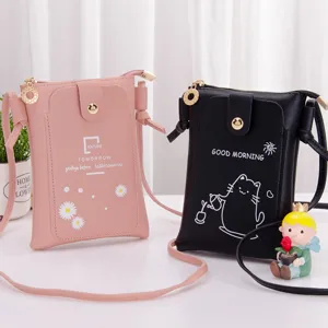 Women Minimalist PVC Mobile Phone Bag Cute Printed Crossbody Shoulder Bag Mini Square Bag Heart Cat Flower Eiffel Tower Pattern Bag