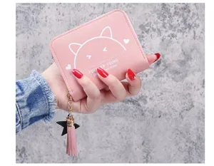 Cute cat print short zipper wallet for women, simple fresh coin purse with tassel pendant.