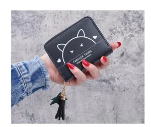 Cute cat print short zipper wallet for women, stylish black compact coin purse with tassel.
