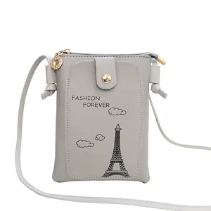 Gray crossbody phone bag mini PU leather purse with cute Eiffel tower print for daily use