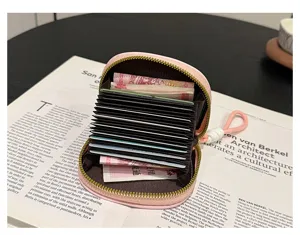 Cute pink accordion card holder with lanyard multi slot compact mini wallet for women